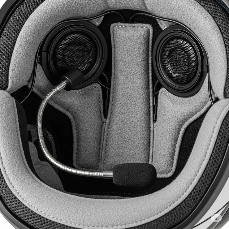 Cutaway view of a Bluetooth helmet revealing high-quality integrated speakers and a noise-cancelling microphone for clear audio.