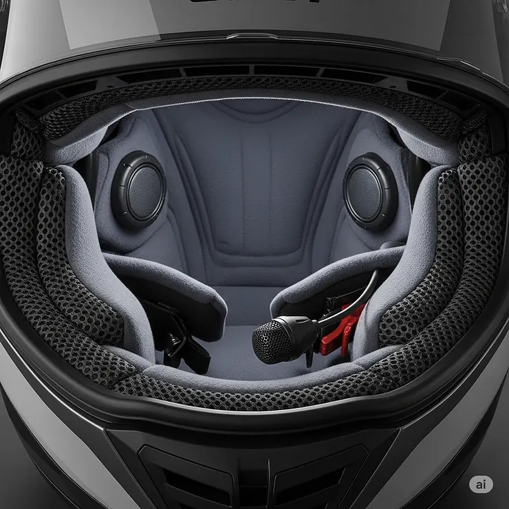 Inside a Bluetooth full face helmet, showing the comfortable speaker placement and clear microphone for hands-free calls and audio.