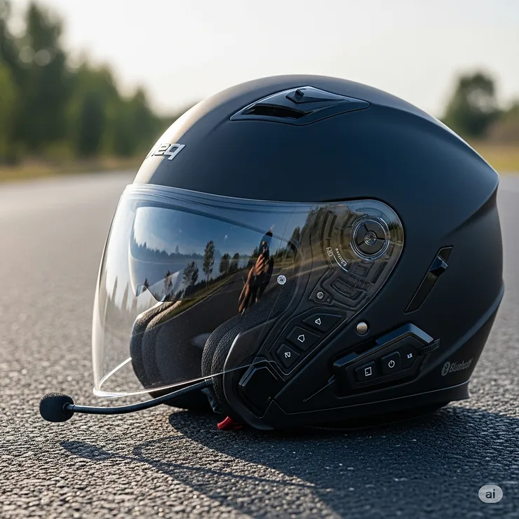 A sleek, black Bluetooth motorcycle helmet with integrated communication system and clear visor, perfect for hands-free calls and music on the road.
