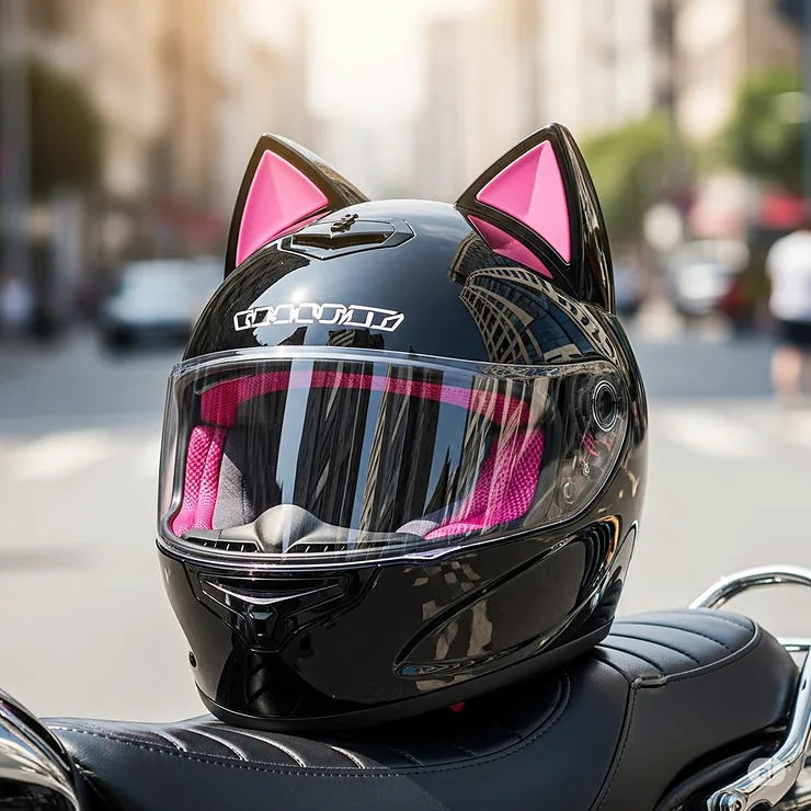 A fun, cat-ear shaped novelty motorcycle helmet, perfect for riders looking to express their playful side with unique headwear. novelty motorcycle helmets