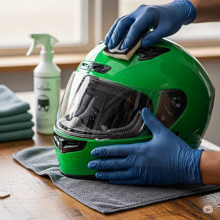 Hands carefully cleaning the exterior of a green motorcycle helmet, demonstrating proper maintenance for longevity.