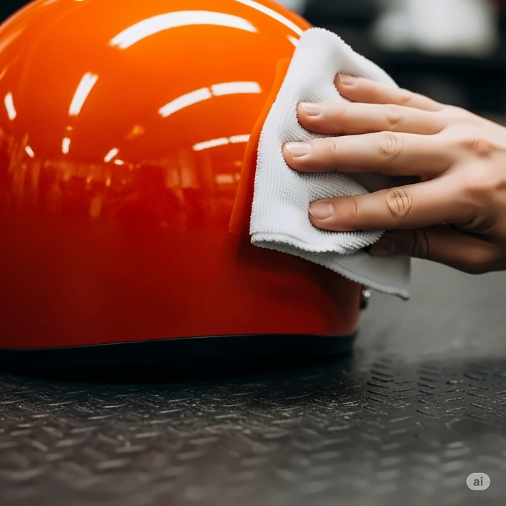 A hand cleaning a glossy orange motorcycle helmet with a white microfiber cloth.