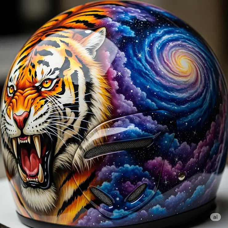 A close-up of a custom-painted novelty motorcycle helmet featuring intricate artwork, demonstrating the personalized options available.