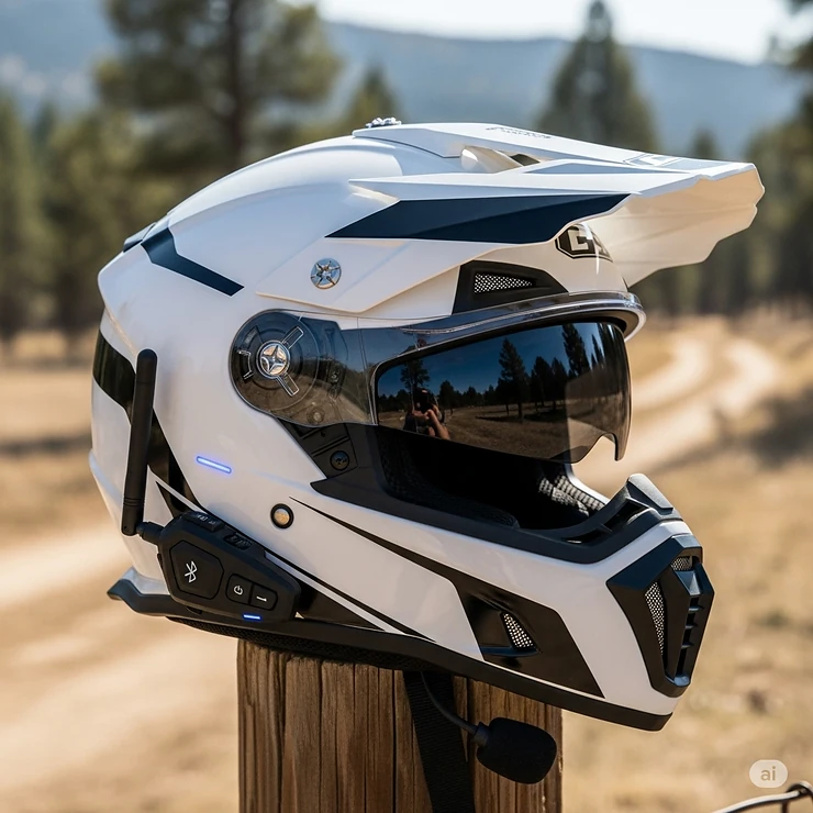 A dual sport helmet equipped with an integrated Bluetooth communication system, ideal for connecting with other riders or GPS navigation.