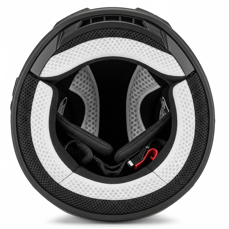 Inside view of a dual sport helmet showcasing the removable and washable comfort padding, designed for a snug and comfortable fit.