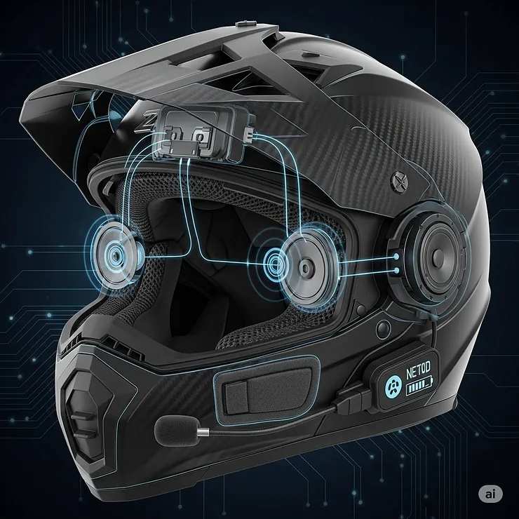 Illustration showcasing the integrated communication system compatibility in a dual sport motorcycle helmet, with dedicated spaces for speakers and microphones.
