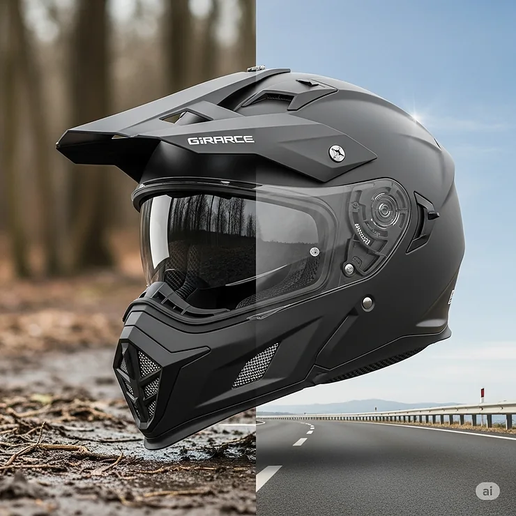 Comparison image showcasing a dual sport helmet's unique design features that blend the protection of an off-road helmet with the comfort of a street helmet.