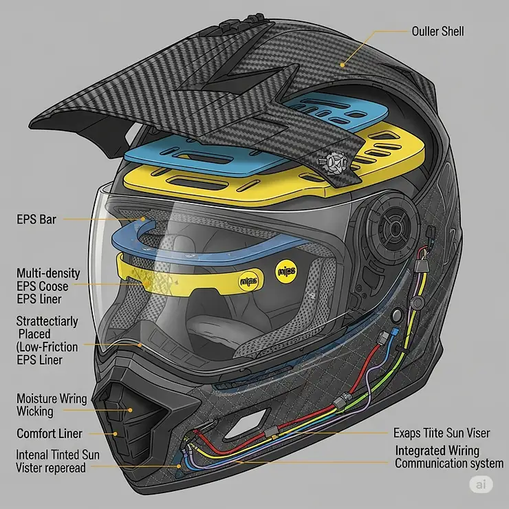 Cutaway illustration of a dual sport helmet, showing the multiple layers of advanced materials used in its construction for superior impact protection.