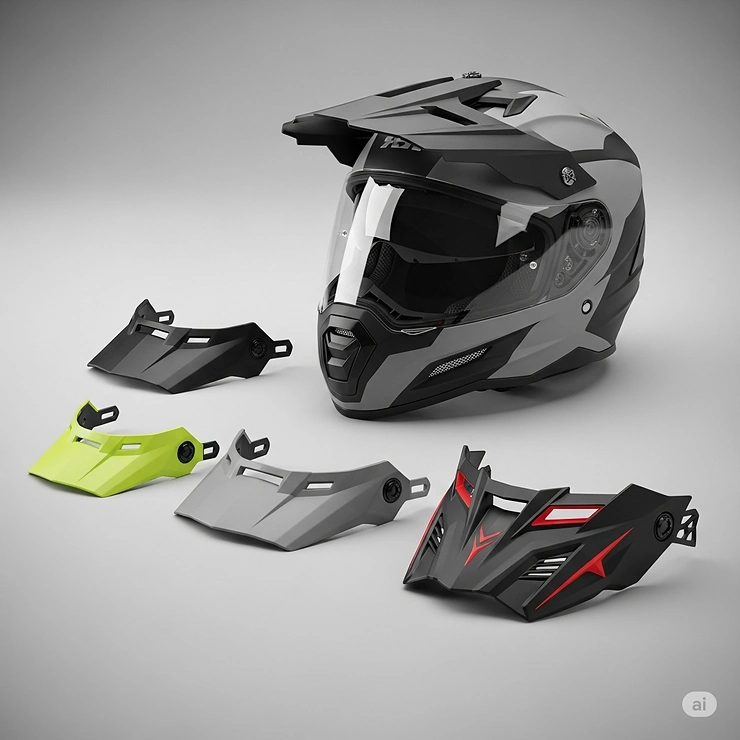 Various peak options displayed for a customizable dual sport helmet, allowing riders to adjust for sun glare and personal style.