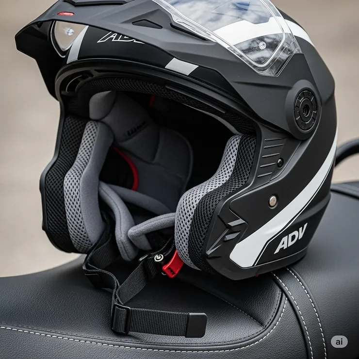 Close-up of a premium dual sport helmet resting on a motorcycle seat, highlighting its comfortable interior padding and secure chin strap.