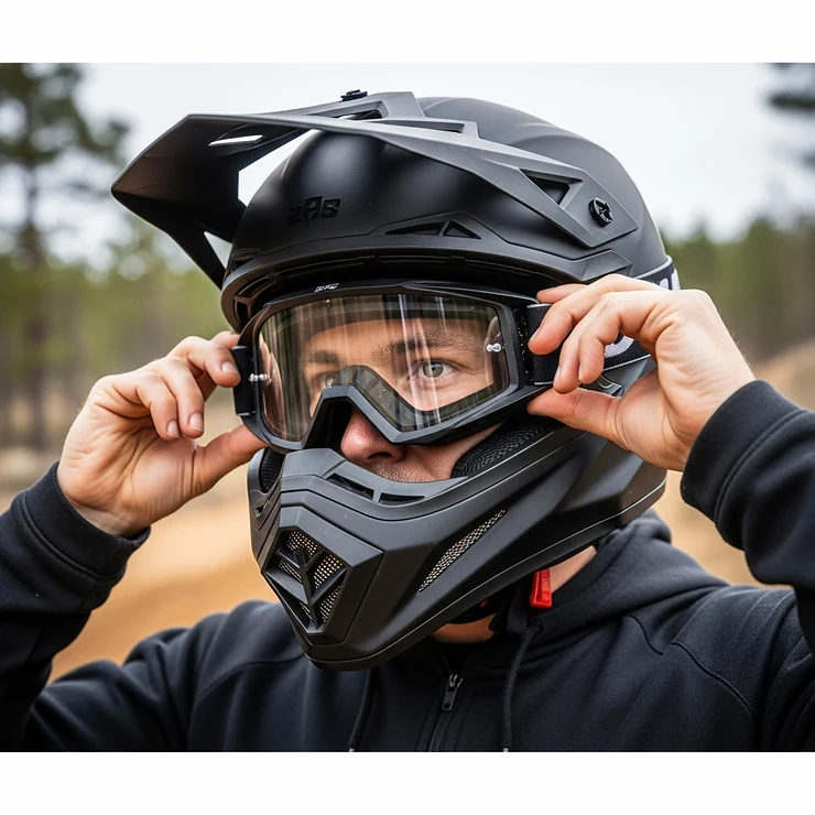 Rider easily fitting goggles with a dual sport helmet, demonstrating its compatibility for off-road conditions where goggles are preferred over a visor.