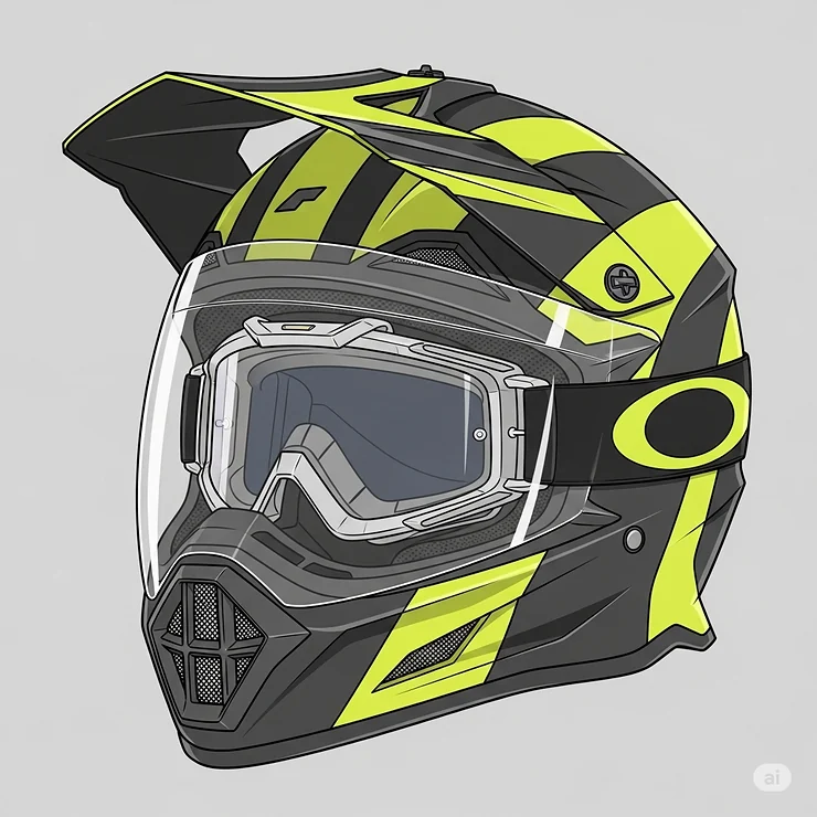 Illustration demonstrating the seamless compatibility of a dual sport motorcycle helmet with off-road goggles, showing how the peak and eyeport accommodate various goggle designs.