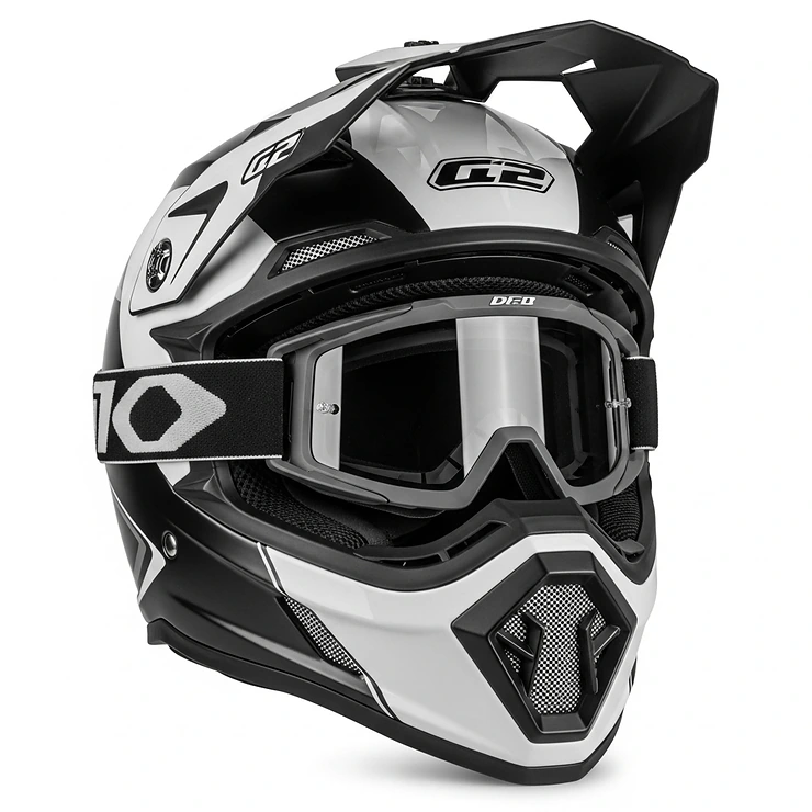 Image demonstrating a dual sport helmet with its visor raised, showing compatibility with off-road goggles for enhanced vision and protection in dusty environments.