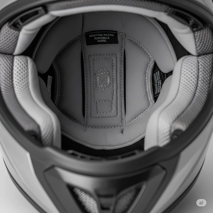 Interior view of a dual sport helmet, highlighting the comfortable, moisture-wicking padding and removable liner, essential for rider comfort on extended adventures.