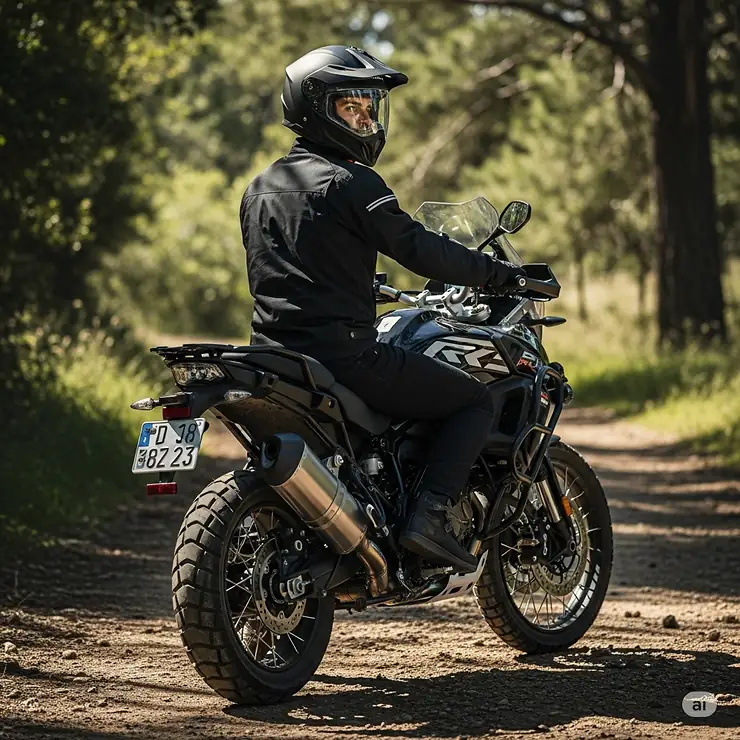 A rider wearing a sleek black dual sport helmet with a clear visor, parked on an adventure motorcycle on a dirt trail. This versatile helmet is ideal for both street and off-road riding.