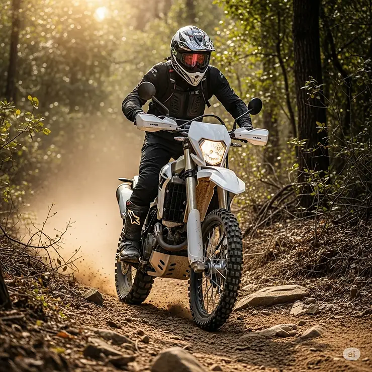 A rider in full gear, including a dual sport helmet, navigating a rocky off-road trail, demonstrating the helmets suitability for rugged terrain.