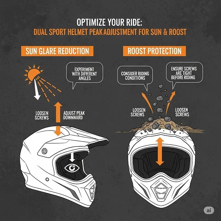 An infographic illustrating how to adjust the peak of a dual sport motorcycle helmet for sun glare reduction and roost protection, a key feature for changing riding environments.