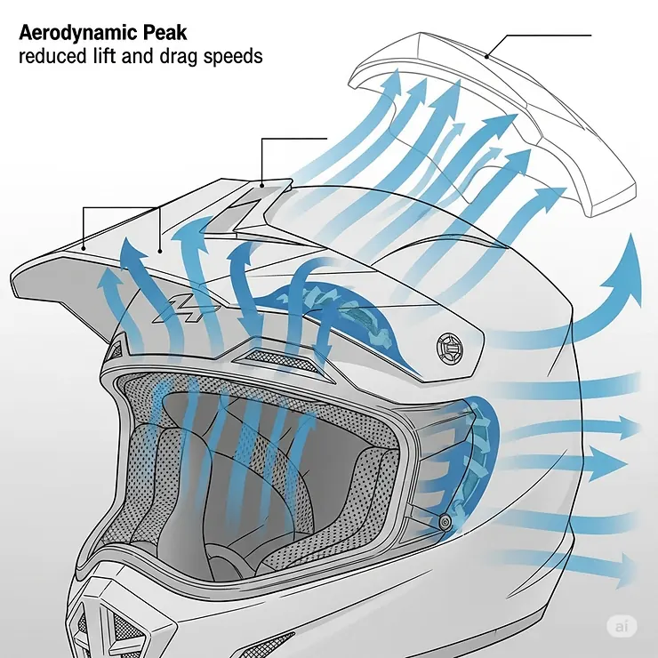 Illustration detailing the aerodynamic peak design of a dual sport helmet, engineered to reduce lift and drag at higher speeds.