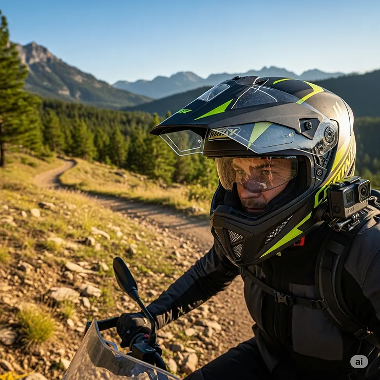 A rider wearing a modern dual sport helmet on a scenic off-road trail, showcasing the helmet's versatility for both street and dirt riding.