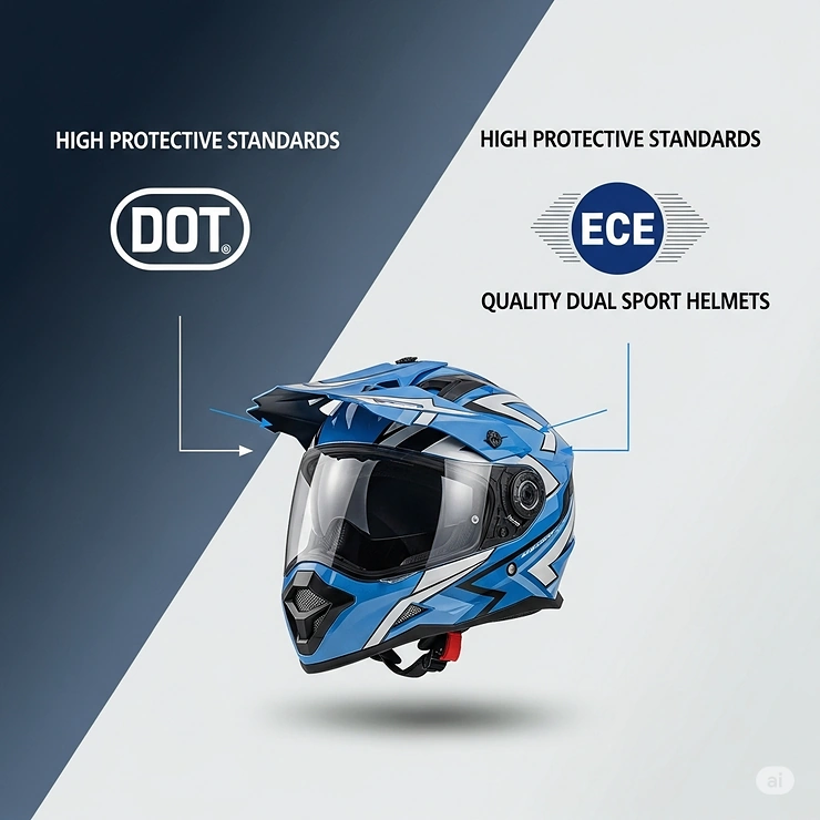 Graphic showing common safety certifications like DOT and ECE, indicating the high protective standards met by quality dual sport helmets.