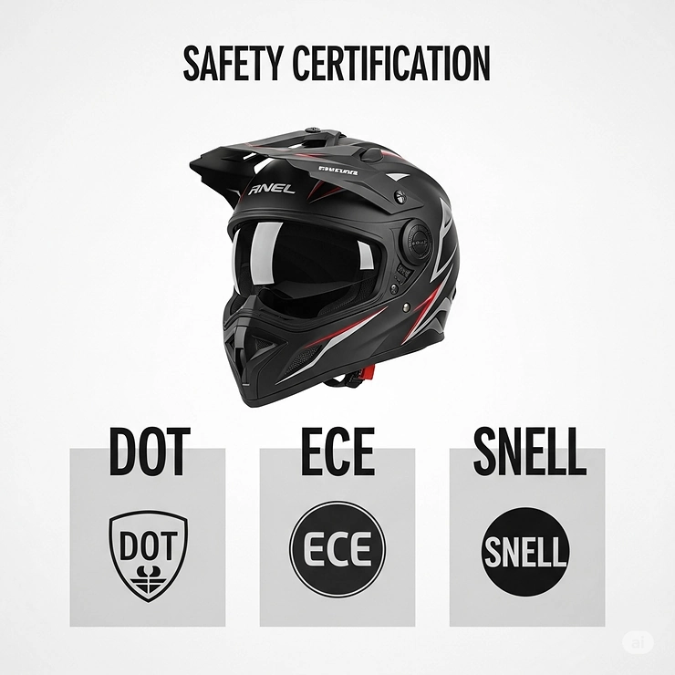 Graphic displaying the various safety certifications (DOT, ECE, Snell) that high-quality dual sport motorcycle helmets meet, ensuring maximum protection for riders.