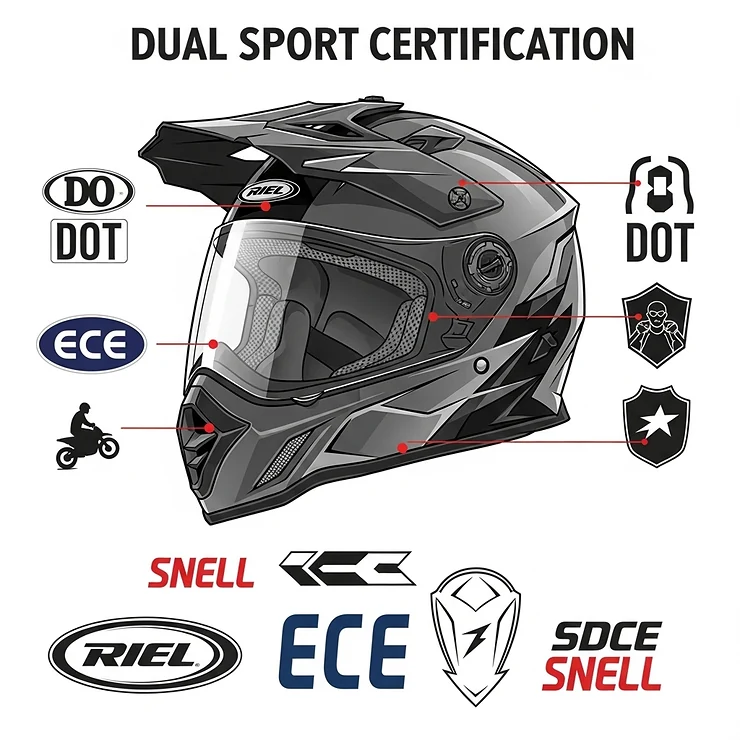 Graphic illustrating common safety certifications for dual sport helmets, such as DOT, ECE, and Snell, ensuring high levels of rider protection.