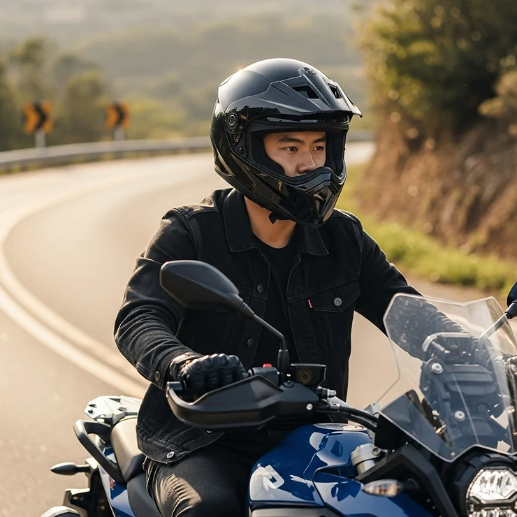 An individual riding a motorcycle on a paved road, wearing a dual sport helmet that offers both protection and style for daily commuting and touring.