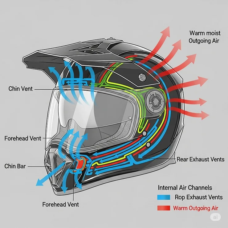 Diagram illustrating the advanced ventilation system of a dual sport helmet, with air intake and exhaust vents designed for optimal airflow and comfort during long rides.
