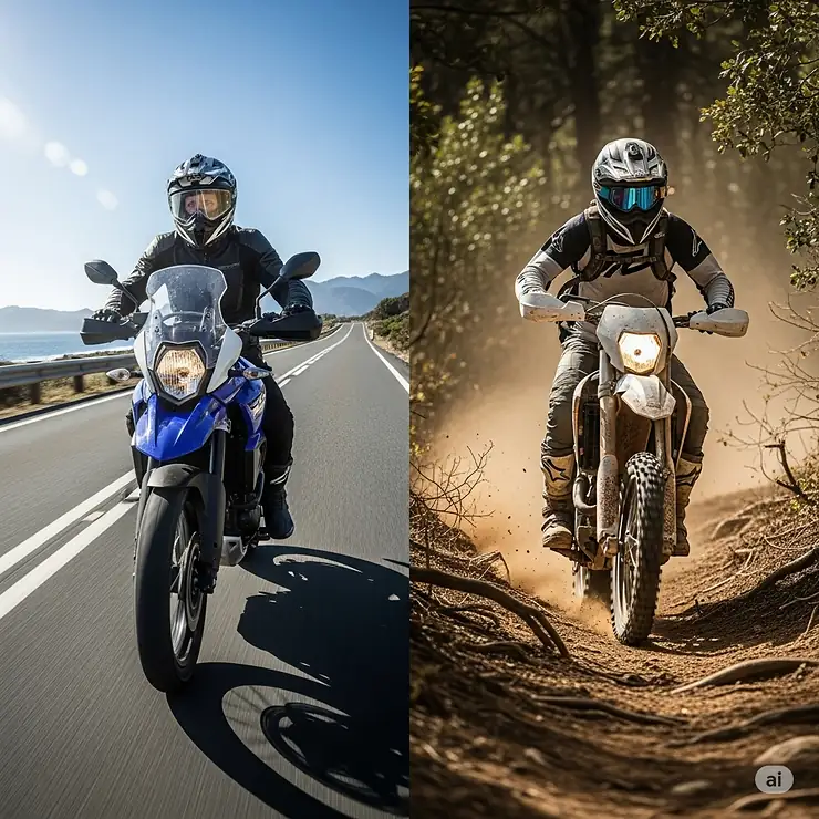 A single dual sport helmet worn by a rider in two distinct environments – on the open road and on a rugged dirt trail – underscoring its unmatched versatility.
