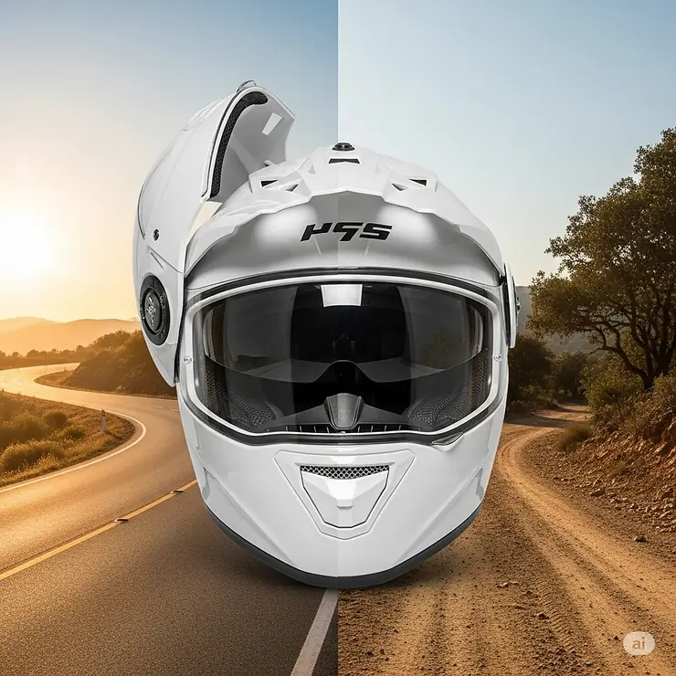A versatile dual sport helmet shown with its clear visor both up and down, demonstrating adaptability for on-road and off-road riding.