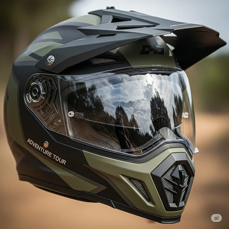 Close-up of a dual sport helmet emphasizing its wide visor for clear vision and adjustable peak to block sun and roost, ideal for adventure riding.