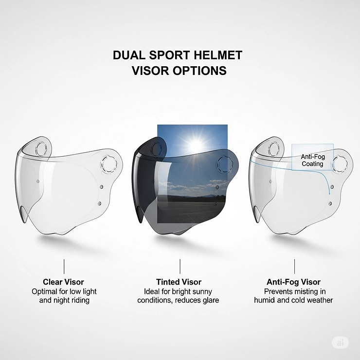 Diagram showcasing different visor types for dual sport motorcycle helmets, including clear, tinted, and anti-fog options, designed for varying light conditions and riding preferences.