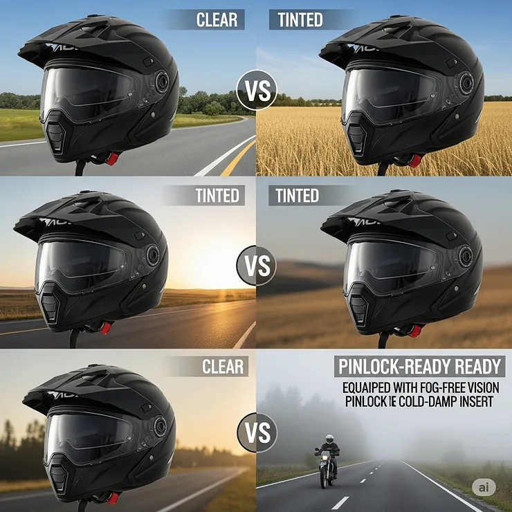 A visual comparison of different visor types for dual sport helmets, including clear, tinted, and pinlock-ready options for various riding conditions.