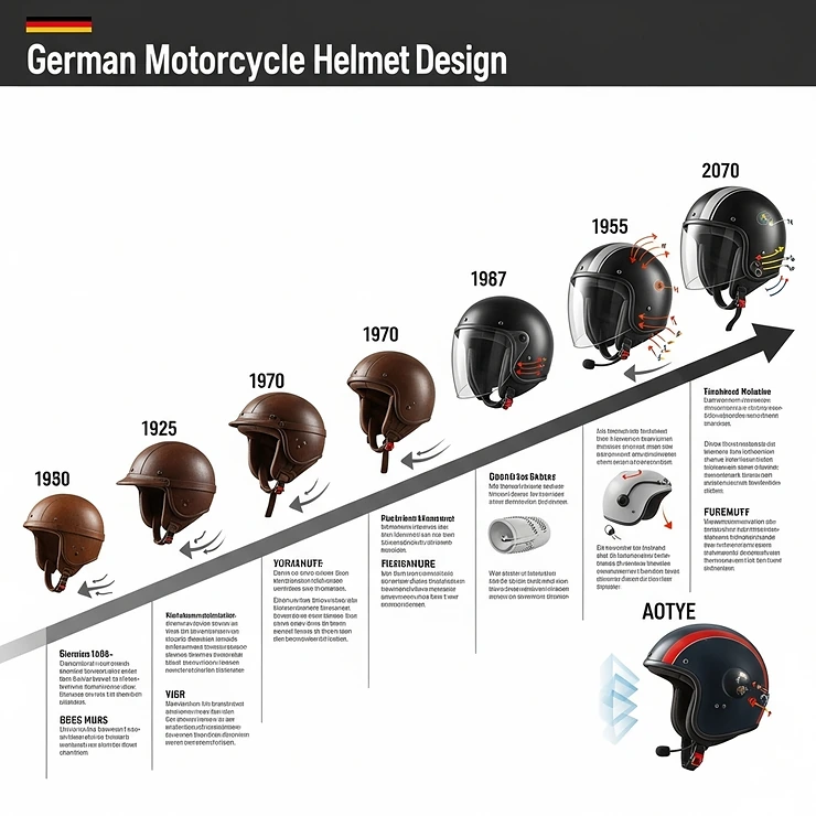 Visual timeline depicting the evolution of German motorcycle helmet designs from early models to contemporary styles.