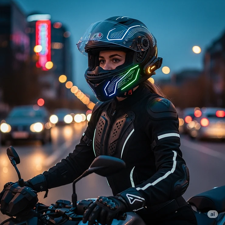 A female motorcycle rider confidently wearing an LED motorcycle helmet, demonstrating its universal appeal and safety features."