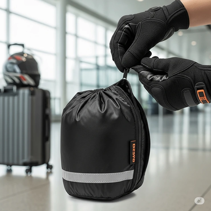 A compact and foldable motorcycle helmet bag, demonstrating its easy storage when not in use, perfect for travel.