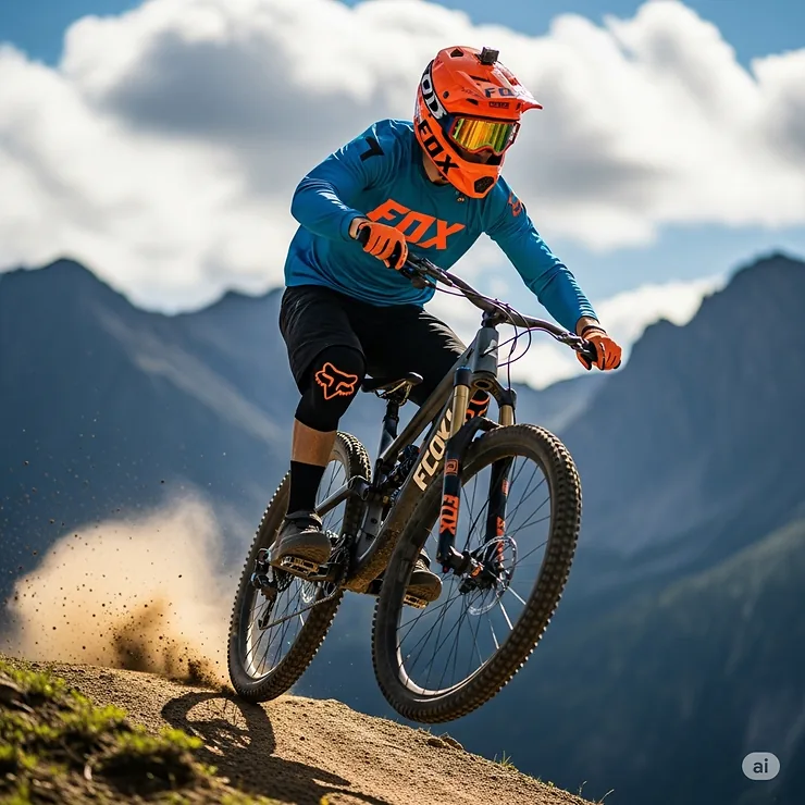 Mountain biker wearing a Fox full face helmet mid-air, illustrating the helmet's performance and protection in dynamic riding conditions.