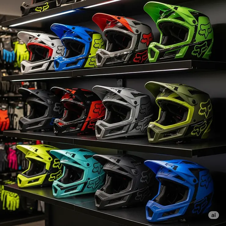 Assortment of Fox full face helmets in various colorways, offering diverse style options for downhill, enduro, and BMX riders.