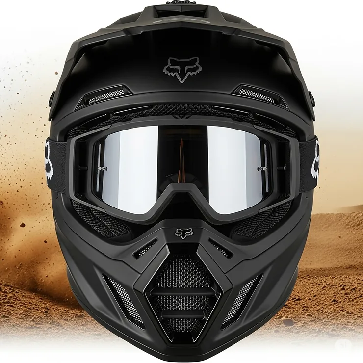 Front view of a Fox full face helmet highlighting its large eyeport for goggle compatibility and robust chin bar ventilation.