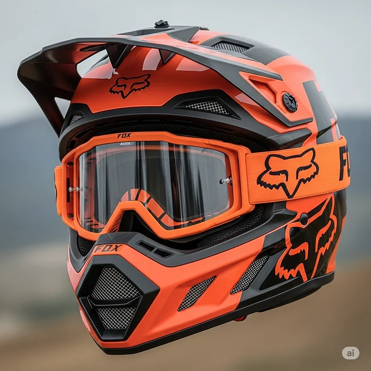 Fox full face helmet perfectly paired with a set of goggles, emphasizing its optimized design for seamless goggle integration and clear vision.