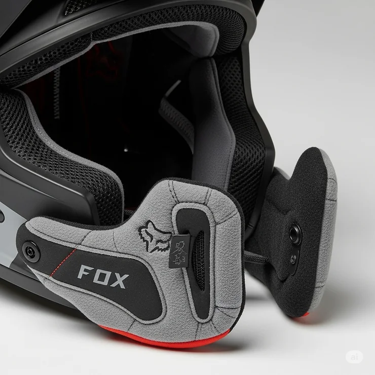 Detailed view of the removable, washable comfort liner and cheek pads inside a Fox full face helmet for a secure and comfortable fit.