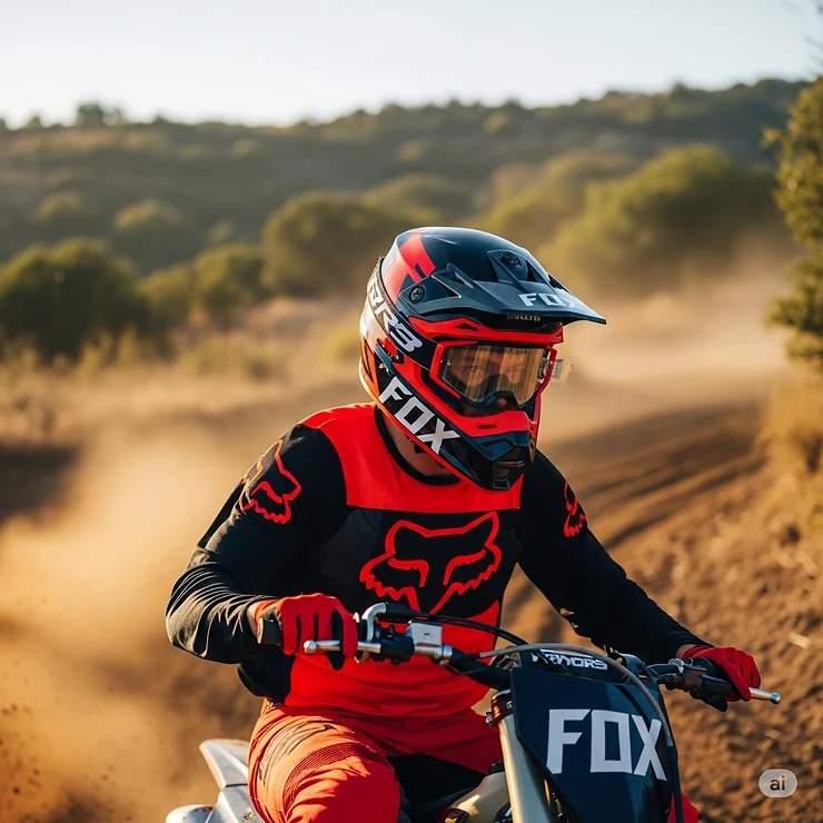 Fox V3 RS full face helmet on a dirt bike rider, showcasing superior protection and aggressive styling for mountain biking and motocross.