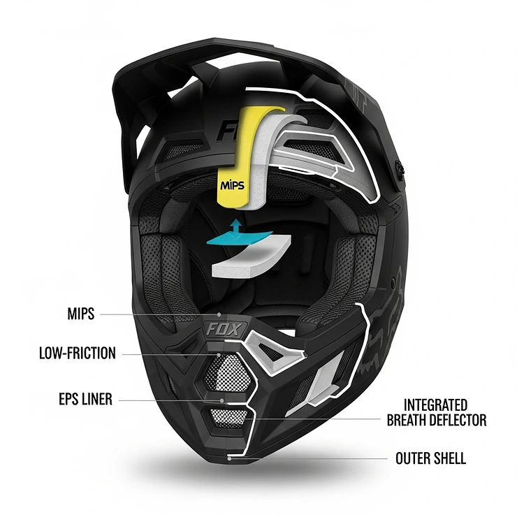 Cutaway illustration of a Fox full face helmet, showcasing the MIPS rotational impact protection system for improved safety.