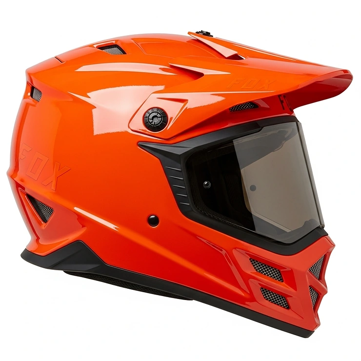 Side profile of a Fox full face helmet, demonstrating its aerodynamic design and integrated visor for enhanced trail performance.