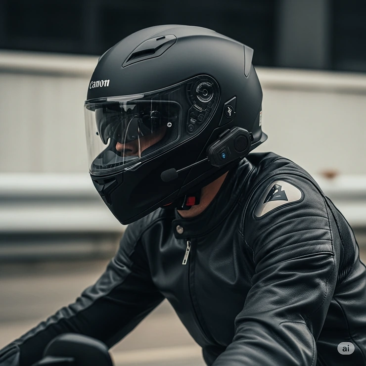 Rider wearing a black full face motorcycle helmet with integrated Bluetooth communication system, designed for safety and connectivity on the road. full face motorcycle helmets with bluetooth