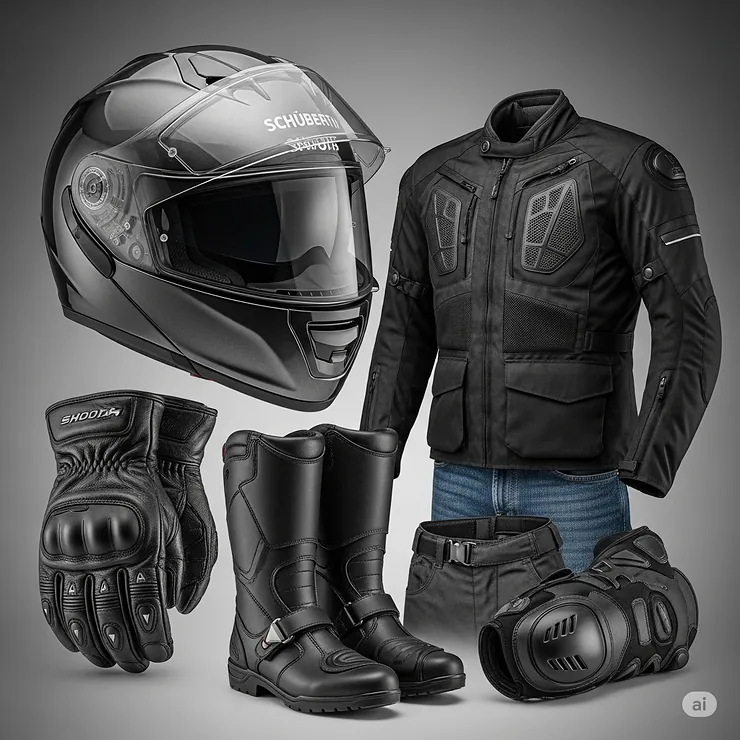 A complete set of motorcycle riding gear, prominently featuring a stylish German motorcycle helmet.