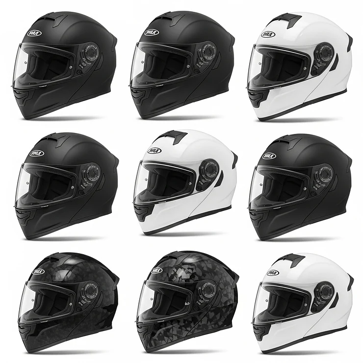 Various color options available for German motorcycle helmets, ranging from matte black to glossy white.