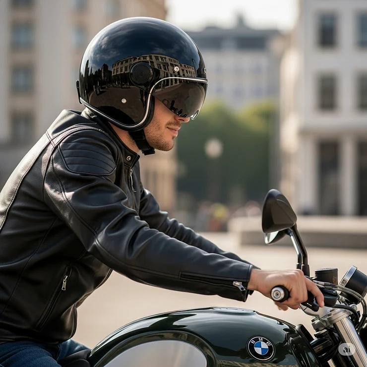 A rider confidently wearing a classic German motorcycle helmet, showcasing its distinctive design and high-quality finish.