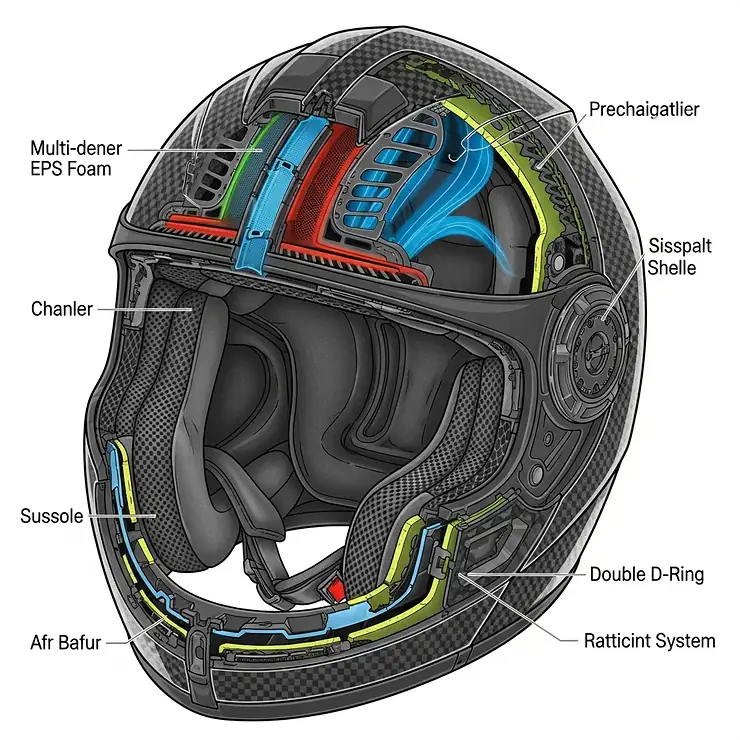 Cutaway illustration detailing the internal padding and advanced safety features within a modern German motorcycle helmet.
