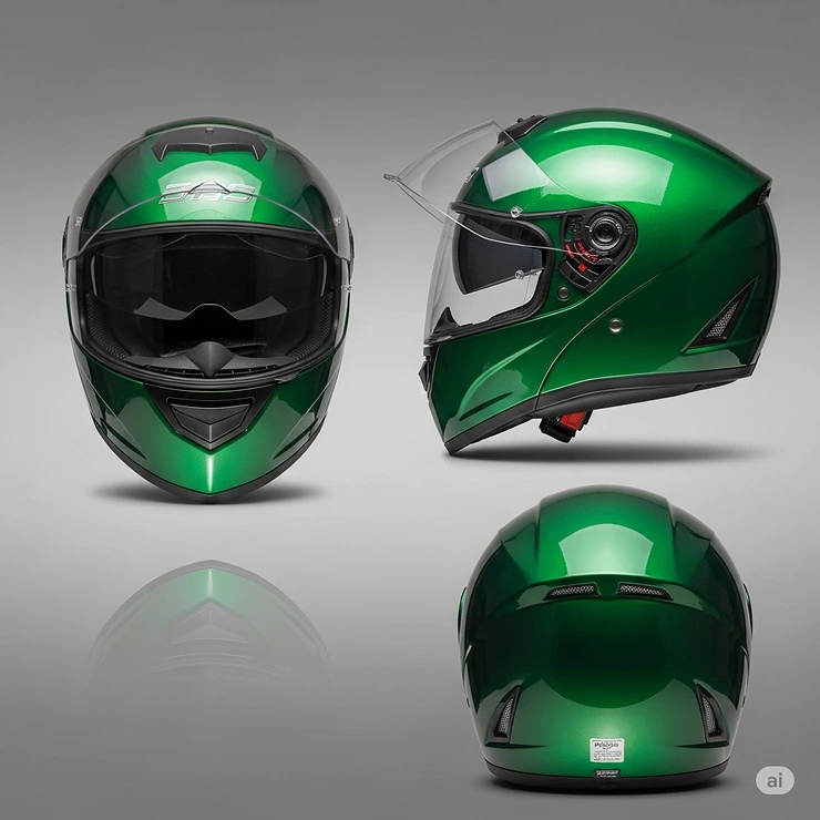Collection of views showing a modern green motorcycle helmet from various angles: front, side, and rear, highlighting its design.